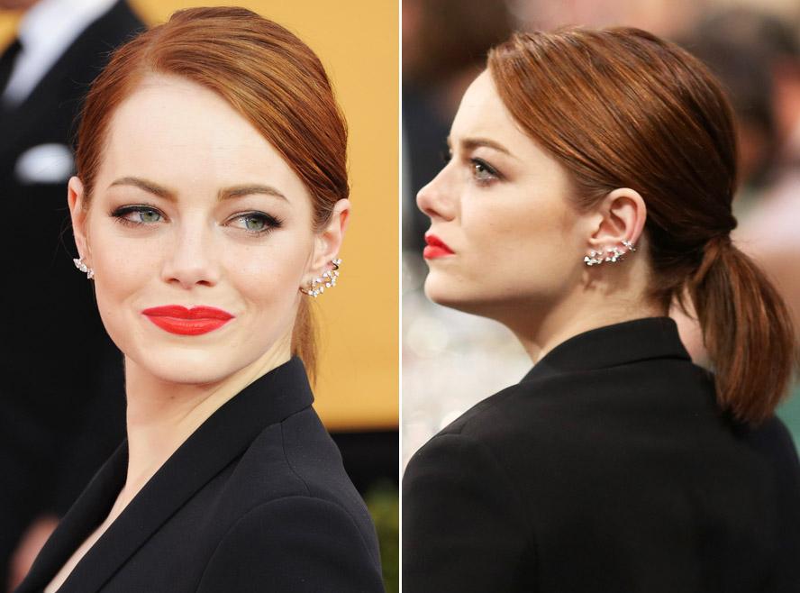 Ниже короче. Эмма Стоун с хвостом. Emma Stone ponytail. Эмма Стоун с прямым пробором. Низкий хвост на короткие волосы.